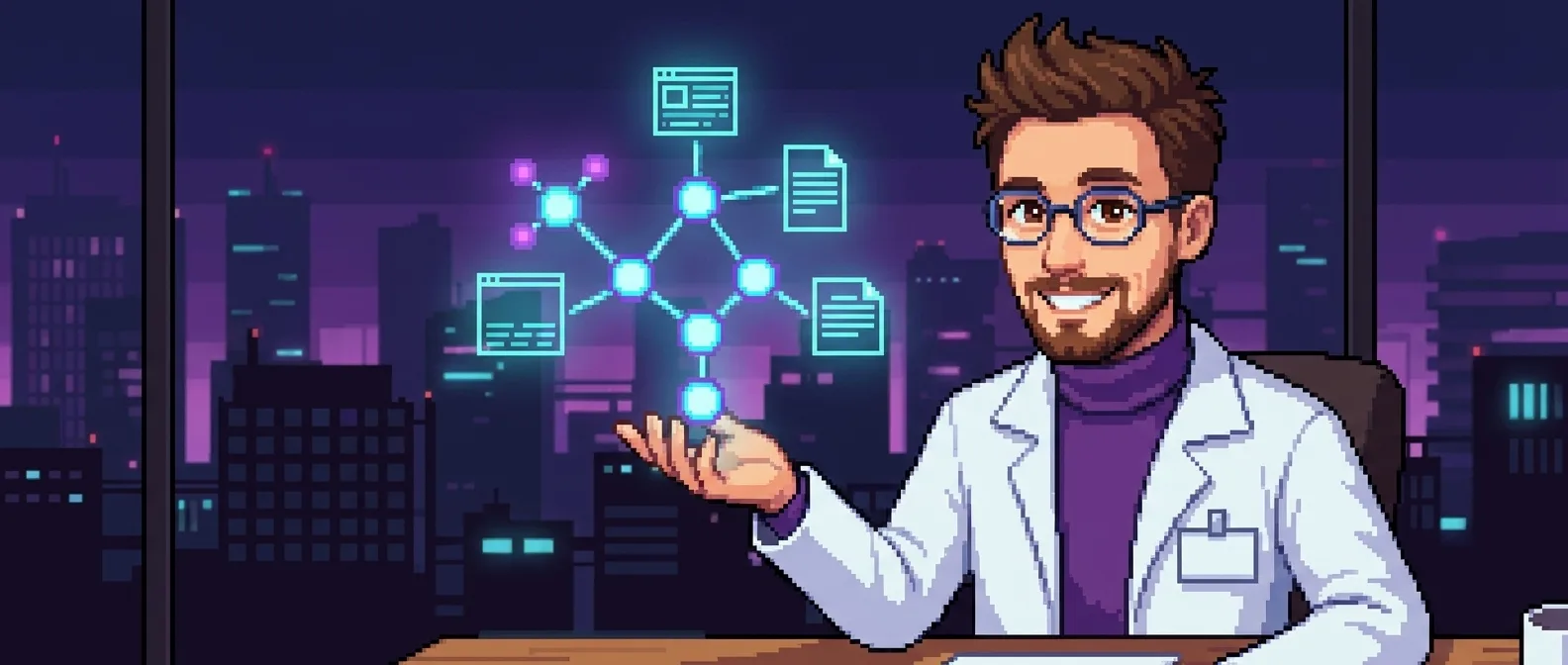 A 16-bit pixel-art scene — Science Stanley presenting a single glowing modular knowledge-network of interconnected light-nodes and soft document shapes, the content engine coming to life over a purple cityscape