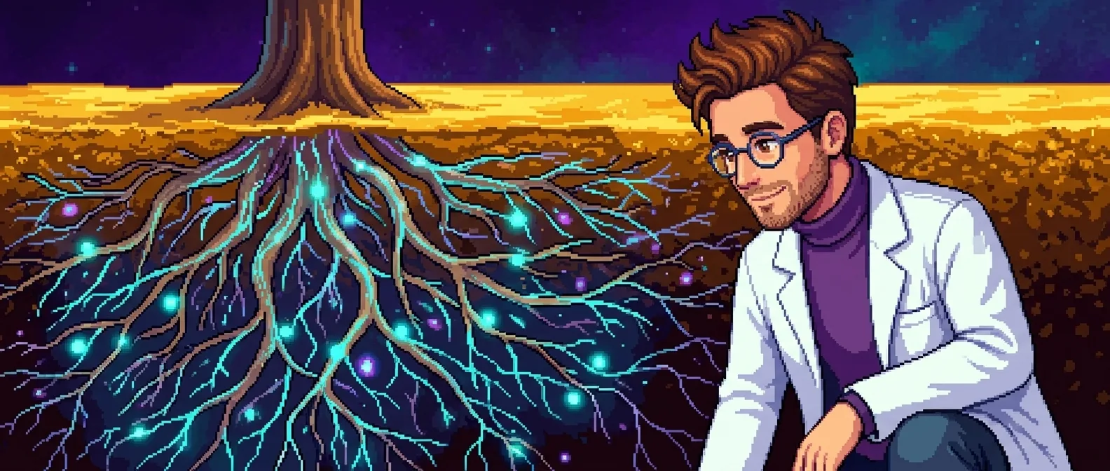 A 16-bit pixel-art scene — Science Stanley crouched at the soil beside a single tree whose glowing cyan roots spread underground into a living web of microbial light beneath a starlit sky; the invisible web under your feet