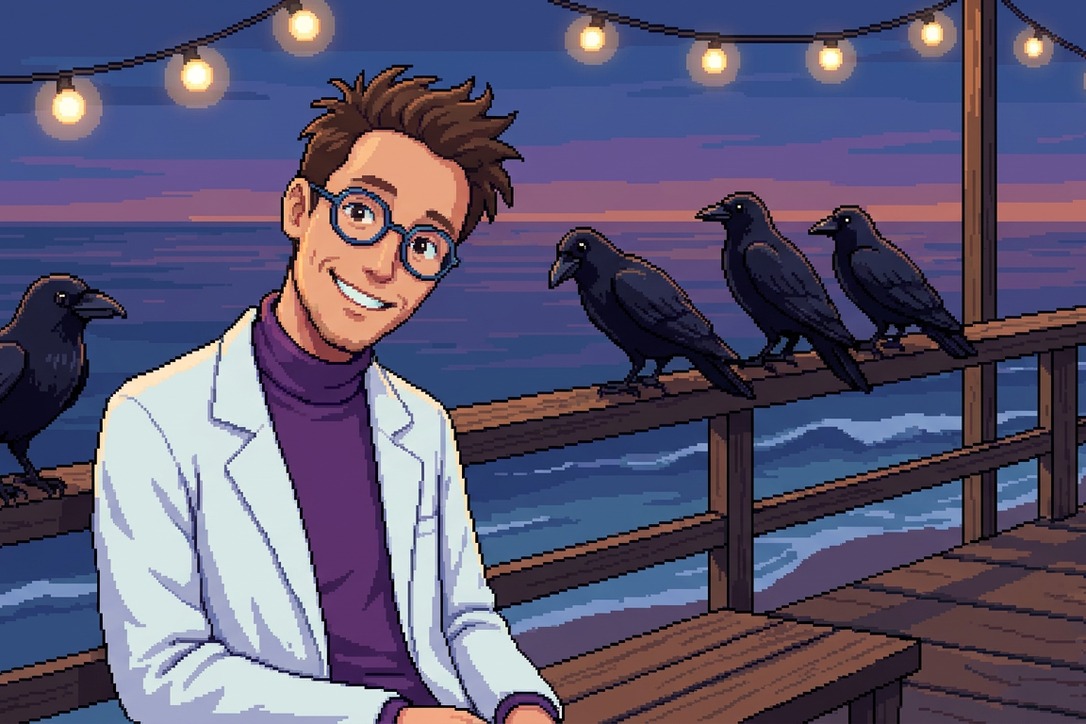 Pixel-art scene: Science Stanley sitting on a Venice boardwalk bench at dusk, four glossy black crows perched along the rail beside him, one tilting its head toward him