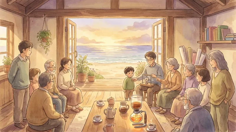 Soft Studio-Ghibli watercolor — an all-ages community gathered indoors around a coffee-siphon science demo, doors open to a beach sunset; warm and welcoming.