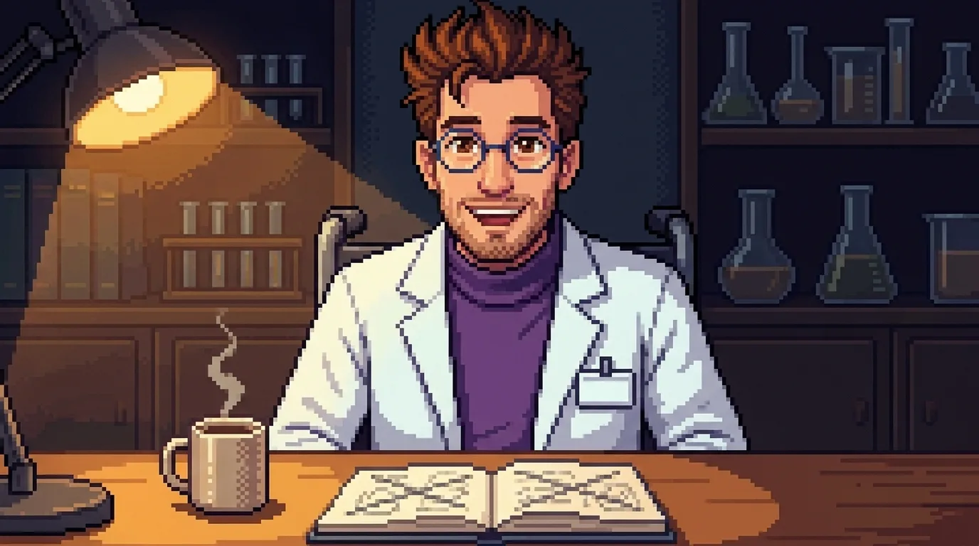 Pixel-art scene with Ghibli warmth: Stanley at his desk in his Venice Beach lab at night, seated in his wheelchair, an open notebook of crossed-out sketches in front of him, steaming coffee mug and warm lamp light, shelves of glassware behind — smiling with the delight of getting something wonderfully wrong