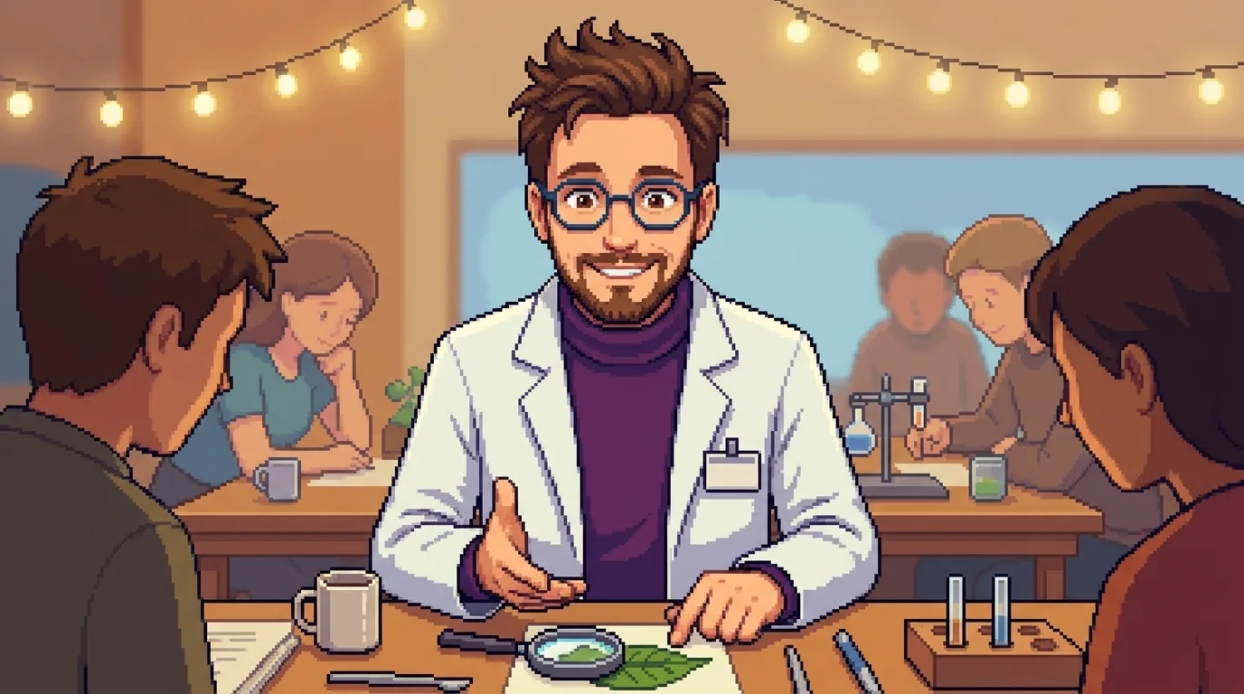 Pixel-art scene with Ghibli warmth: Stanley at the center of a community science gathering — a long wooden table under warm string lights, a green leaf under a magnifying glass as a hands-on demo, friends leaning in around him. Everyone welcome