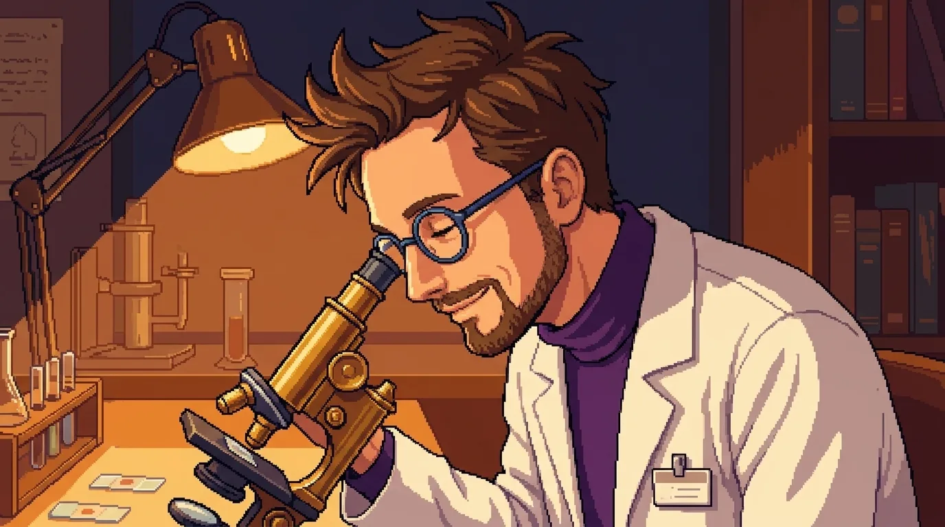 Pixel-art scene with Ghibli warmth: Stanley in side profile, fully absorbed at a brass microscope in his lab at night — specimen slides on the bench, warm amber lamp light, shelves of books behind. The character who notices, looking closer