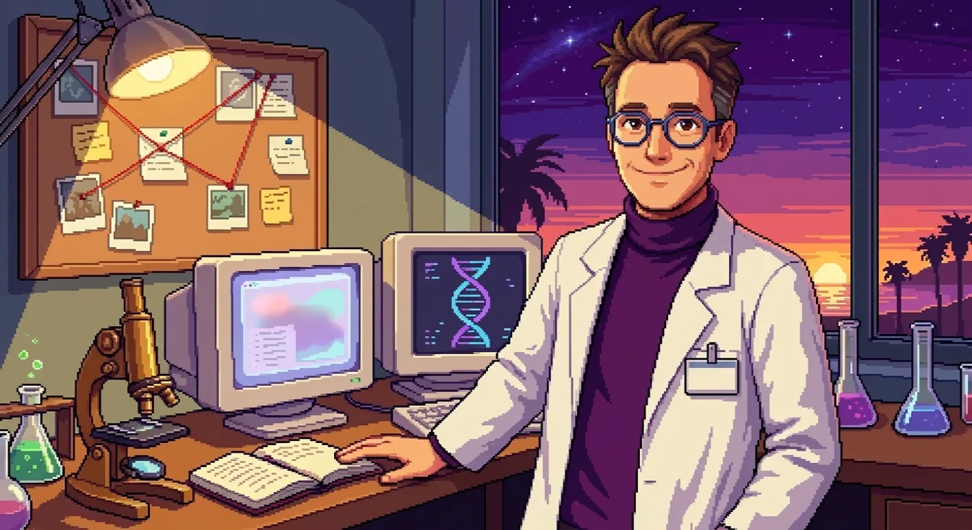 Pixel-art scene: clean-shaven Science Stanley with spiky hair at his Venice Beach lab workstation — a red-string discovery wall and warm desk lamp on the left, glowing CRT monitors with abstract data and a DNA helix, a lab bench with a microscope and bubbling beakers, and a cosmic Venice sunset through the window