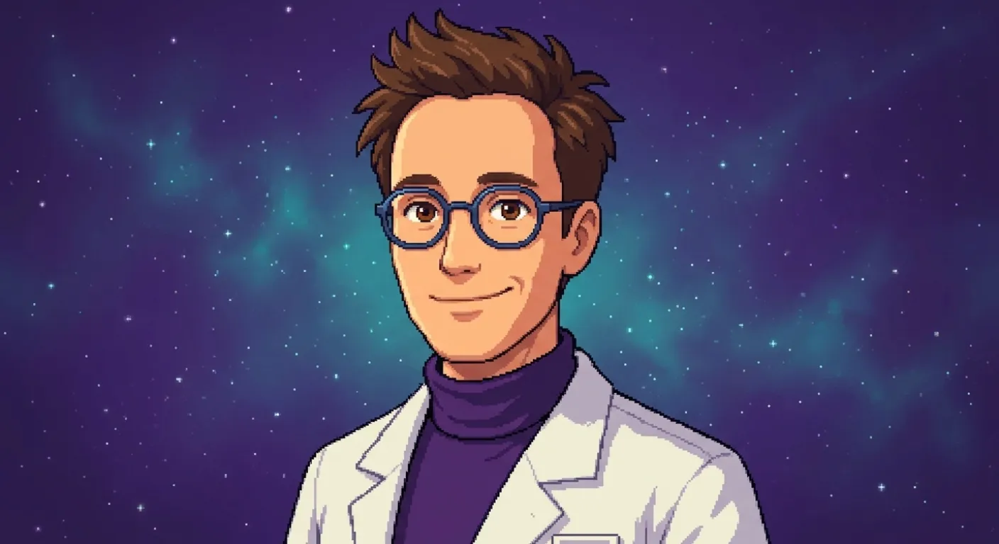 Pixel-art portrait of Science Stanley — spiky brown hair, round blue glasses, white lab coat over a purple turtleneck — smiling warmly at the viewer with curious wonder, against a cosmic royal-purple starfield, rare-disease patient-advocacy page hero