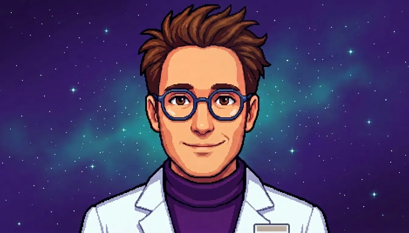 Pixel-art portrait of Science Stanley — clean-shaven with spiky brown hair and round blue-framed glasses, in a white lab coat over a deep purple turtleneck with a plain name badge, against a cosmic purple starfield; calm, warm, and welcoming