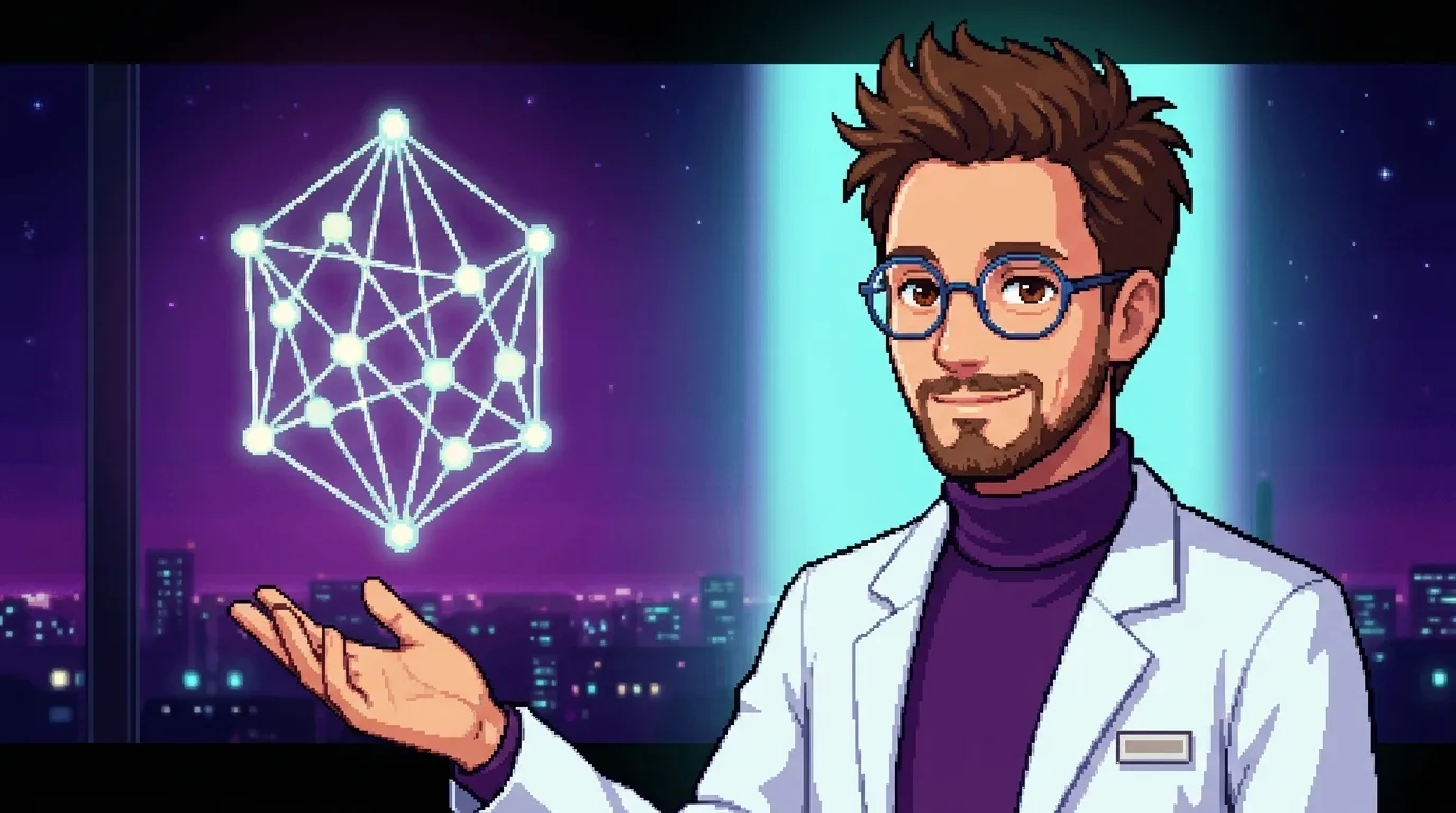 Pixel-art cover — Science Stanley on the right in a white lab coat and purple turtleneck, gesturing warmly toward a single elegant glowing lattice of interconnected light-nodes floating on the left, a softly lit city skyline at night behind; infrastructure as beauty.