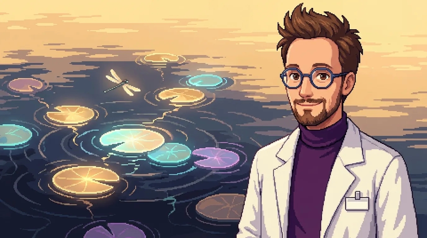 Pixel-art cover — Science Stanley on the right in a white lab coat and purple turtleneck with a warm smile, beside a serene golden-hour pond of softly glowing lily pads and a dragonfly on the left; the Lilypad network as a living metaphor for gentle distributed compute.