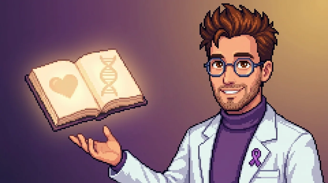 Pixel-art cover — Science Stanley on the right in a white lab coat with a small purple rare-disease awareness ribbon, beside a single glowing open book floating on the left: one page holds a warm heart, the other a DNA helix — open, shared knowledge for rare disease, because behind every dataset is a patient.