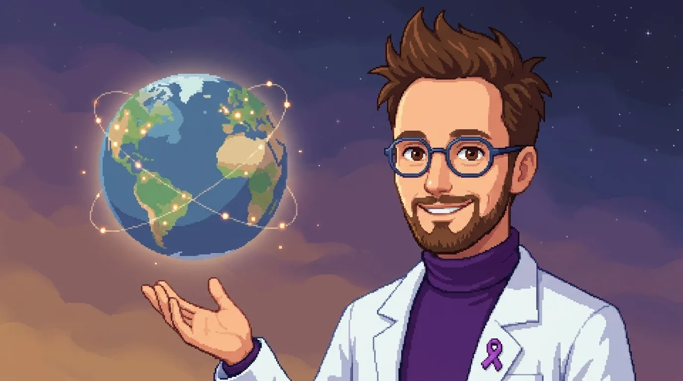 Pixel-art cover — Science Stanley on the right in a white lab coat with a small purple rare-disease awareness ribbon, gesturing toward a glowing globe of the Earth on the left scattered with warm points of light and soft orbital arcs; an international community of rare-disease researchers and patients reaching across the world.