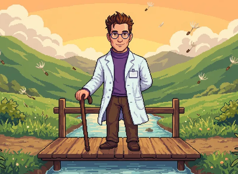 Ghibli-warm pixel-art scene: Science Stanley crossing a small wooden footbridge over a stream at golden hour, walking with his cane, seeds drifting on the breeze around him