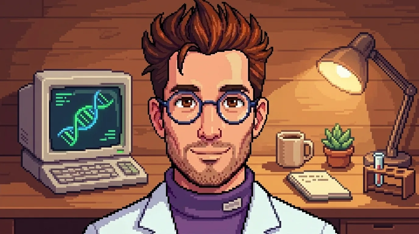 A 16-bit pixel-art portrait of Stanley at his workbench — bare-headed in a white lab coat and purple turtleneck at a single CRT terminal showing a glowing DNA helix, with a warm desk lamp, coffee mug, and a small succulent; quiet focus where tools and curiosity meet